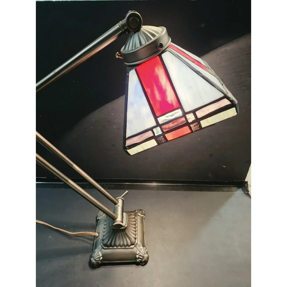 Vintage Tiffany Style Stained Glass Slag Glass Mission Balanced Arm Desk Lamp